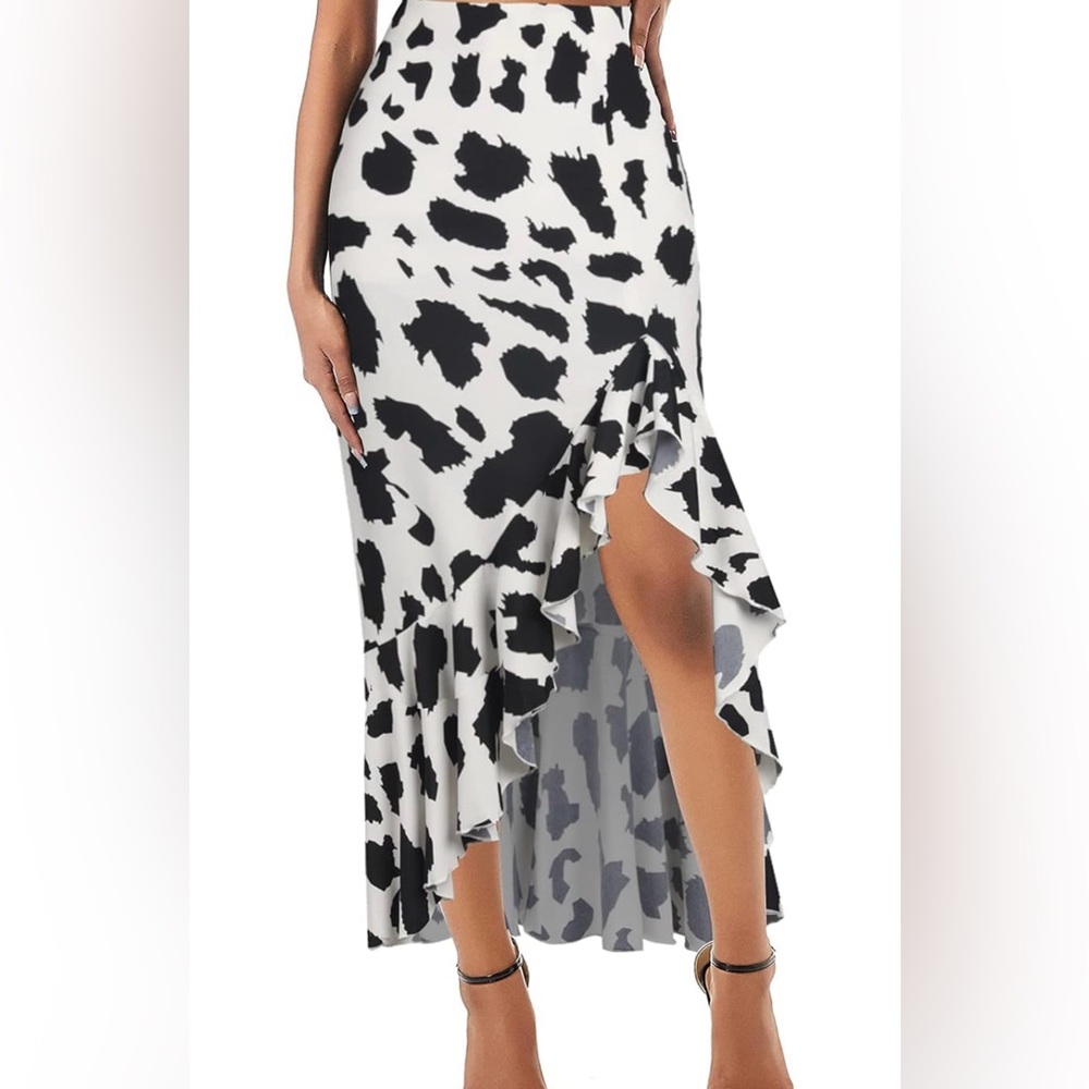 Zaful Women's Skirt Midi Length Ruffles Trim High Split Thigh Animal print skirt